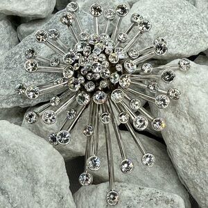 Joan Rivers Signed Starburst Crystal Fireworks Brooch Silver Tone Statement Pin